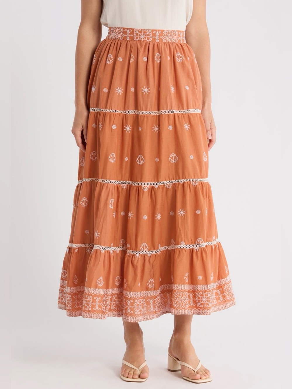 Cottagecore embroidered tiered cotton maxi skirt - Picture 2 of 9